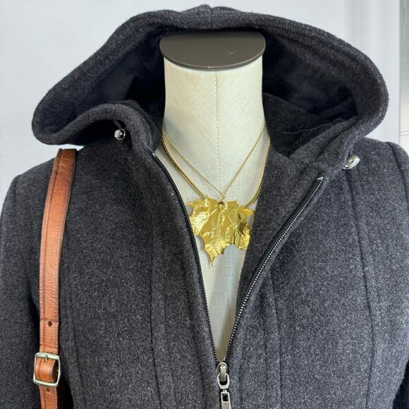 Wool Cashmere Blend Pea Coat Hood Gray Size Medium Petite Dark Academia Preppy - Picture 2 of 8